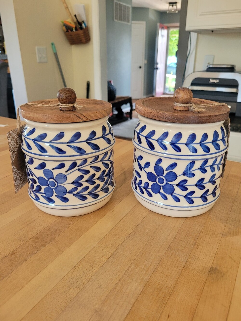Blue Floral Ceramic Food Canister Set with Air-tight Wooden Lid (Set Of 2)